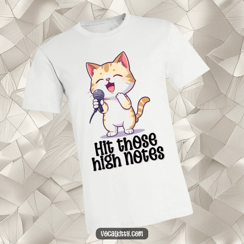 Funny t-shirt displaying a cat in a spirited karaoke pose, grasping a microphone with enthusiasm.