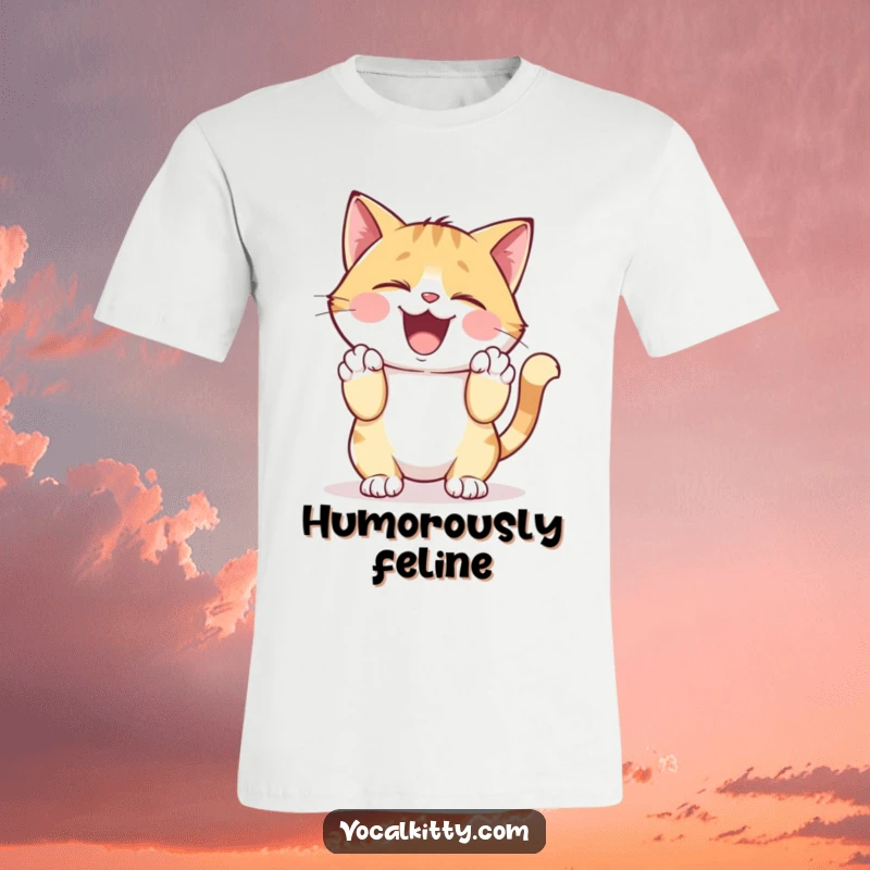 Funny T-Shirt featuring a cat character giggling uncontrollably, clutching its sides with its paws in fits of laughter.