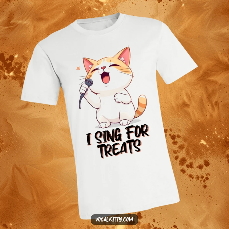 Funny T-shirt showcasing a dramatic cat belting out a song with one paw dramatically placed on its chest.