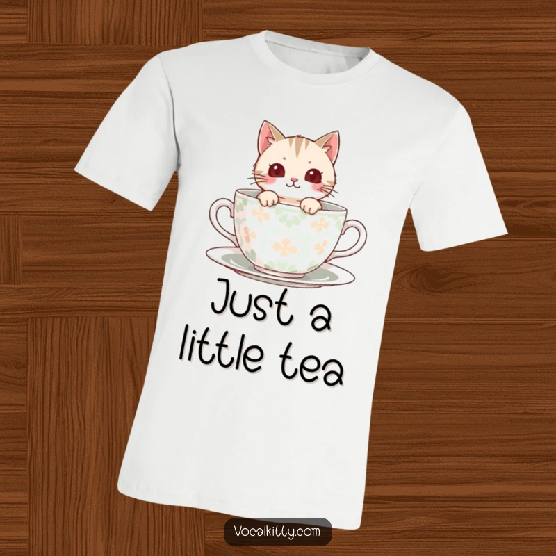 Funny T-Shirt depicting a cat peeking playfully from within a large, stylishly patterned teacup.