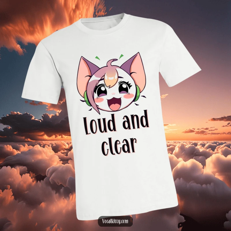 Funny t-shirt of a character with exceptionally large ears, emitting visible sound waves from a wide-open mouth. Expresses loudness.