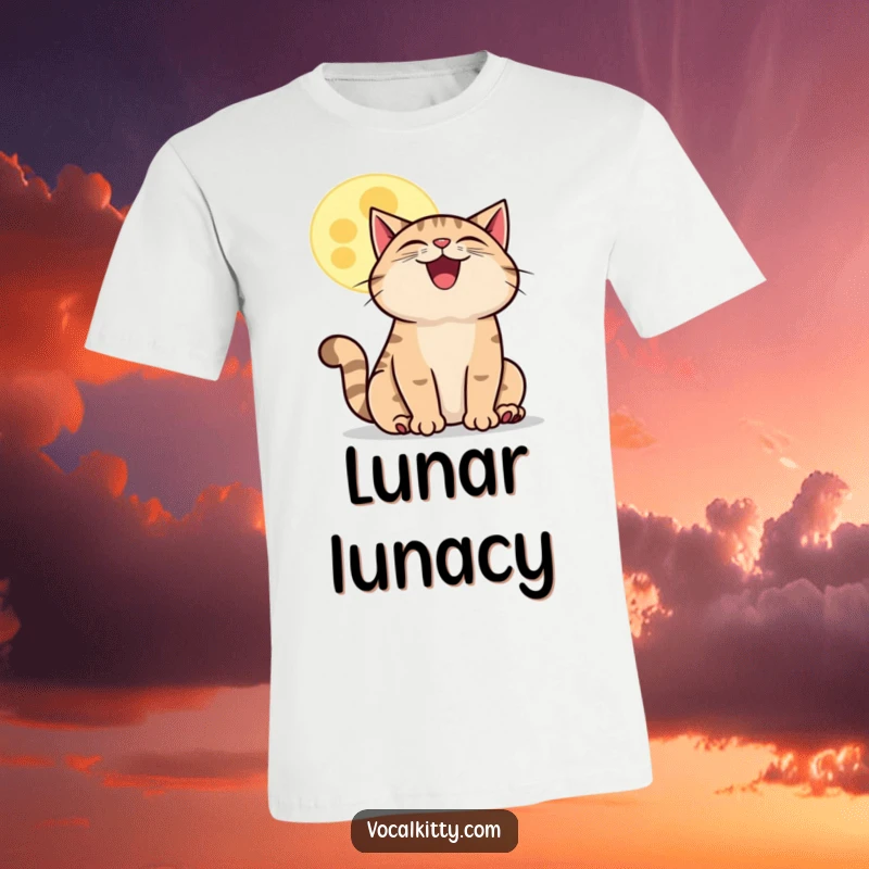 Funny howling cat moon t-shirt, a grinning cat howling at a cheerful cartoon moon, celebrating the magic of the night. Great gift.