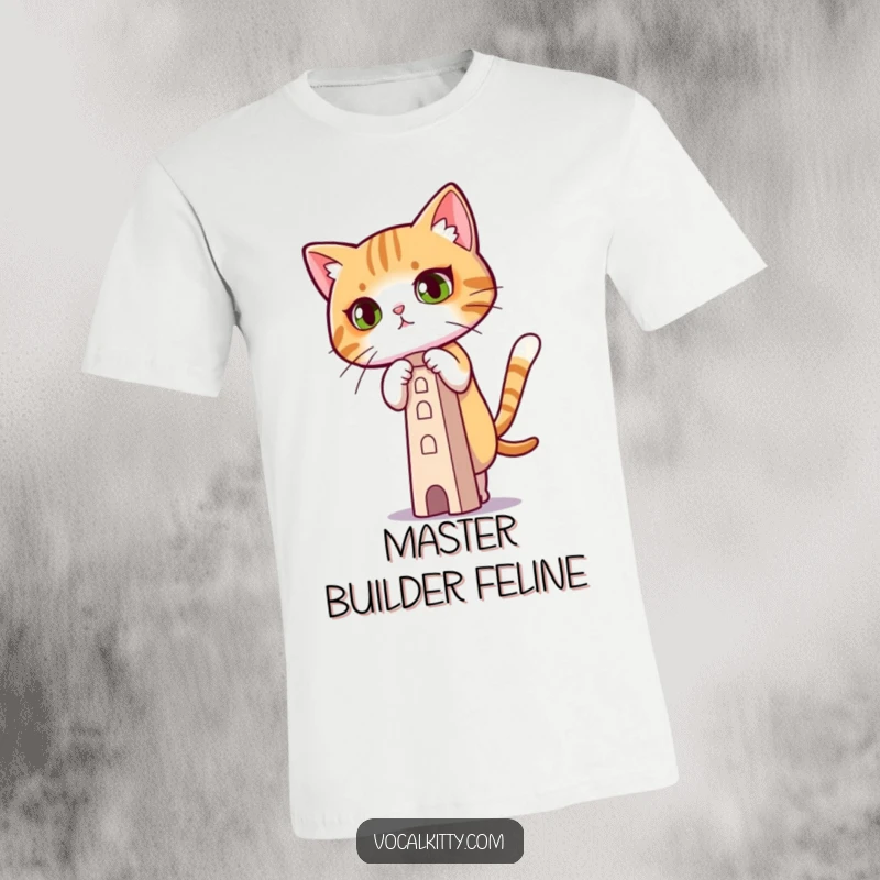 Funny T-Shirt depicting a cat with a look of intense concentration, balancing a precarious tower.