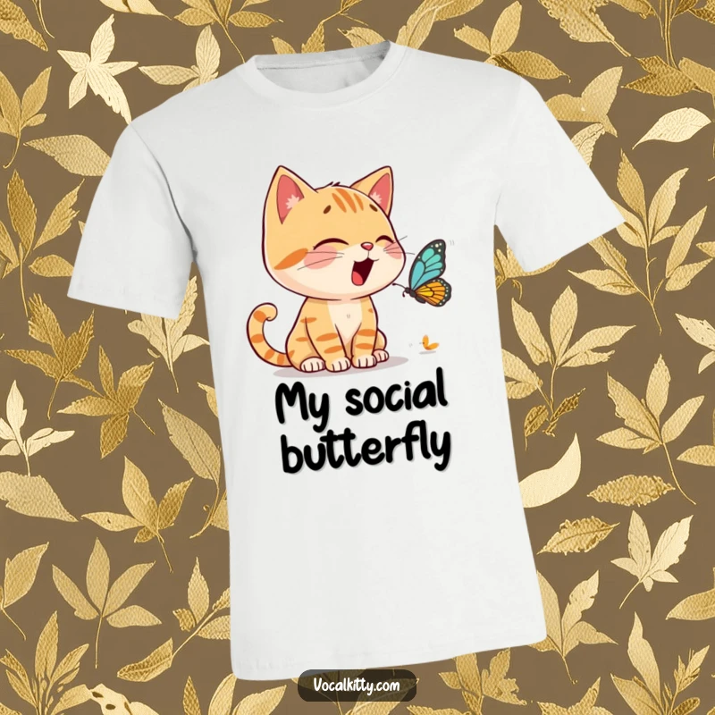 Funny T-Shirt featuring a cat character animatedly conversing with a tiny butterfly, full of expressive gestures.