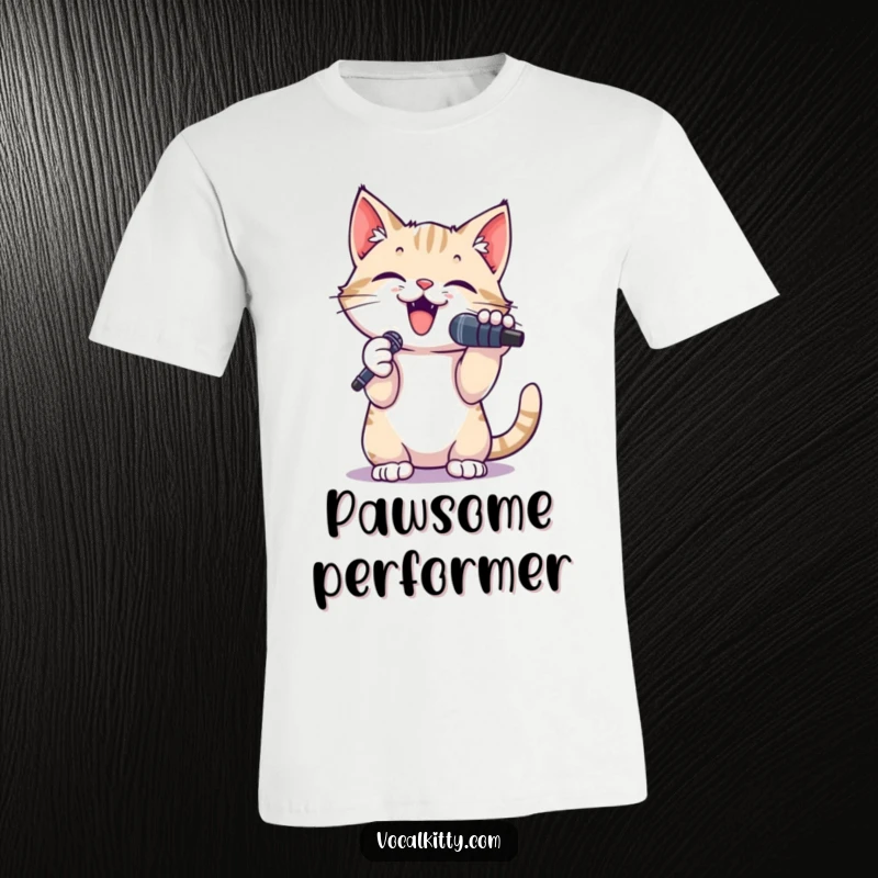 Funny t-shirt showing a small cat passionately singing into a microphone, paws triumphantly raised, radiating humor.