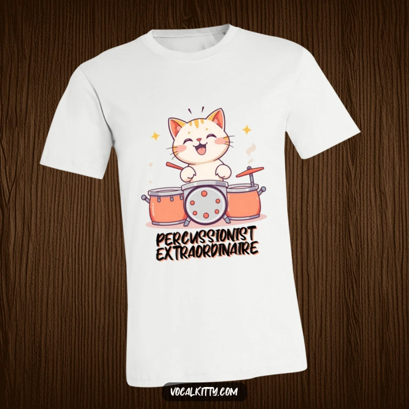 Funny cat playing drums on pots and pans with extreme enthusiasm, musical joy, graphic tee.