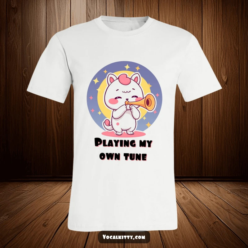 Funny T-Shirt depicting a character using its vocal cords as a trumpet, emitting colorful sound waves joyfully.