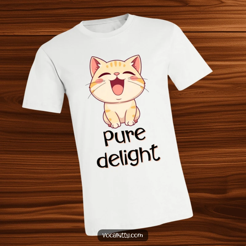 Funny t-shirt depicting a cartoon cat with its mouth open wide, caught mid-squeal in a moment of pure, unadulterated joy.