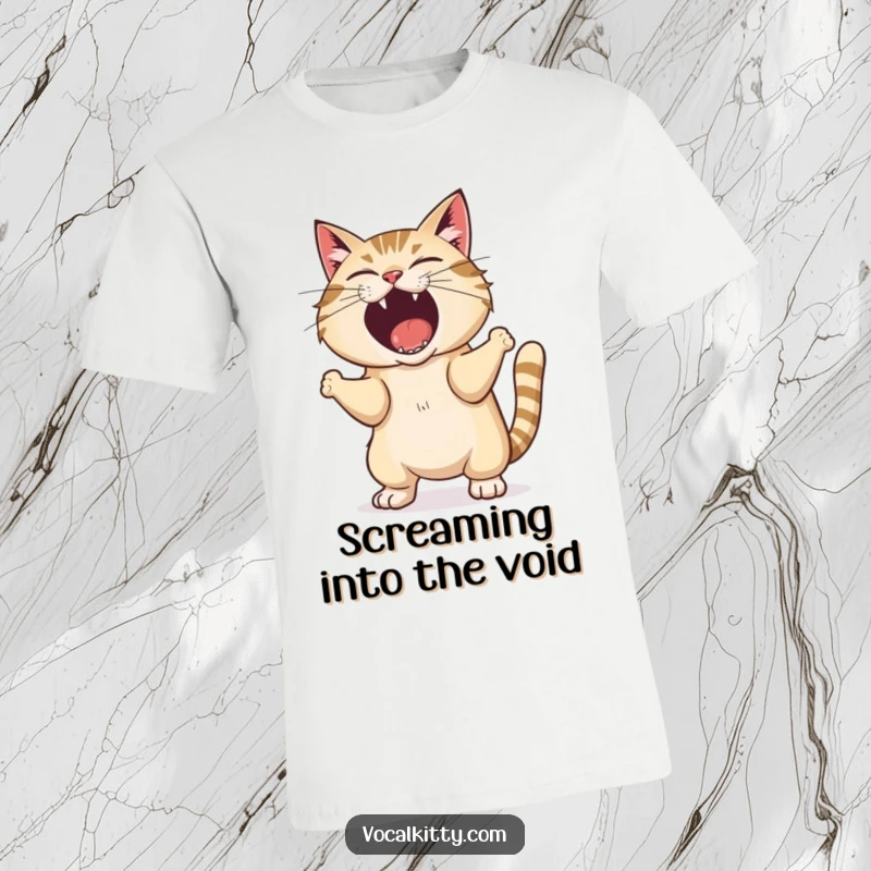 Funny t-shirt showing a cat shaking its body while letting out a comically loud, exaggerated shout.