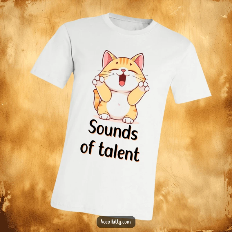 Funny yodeling cat t-shirt, a cat with paws over its ears, enthusiastically singing and enjoying its own loud music. Great gift.