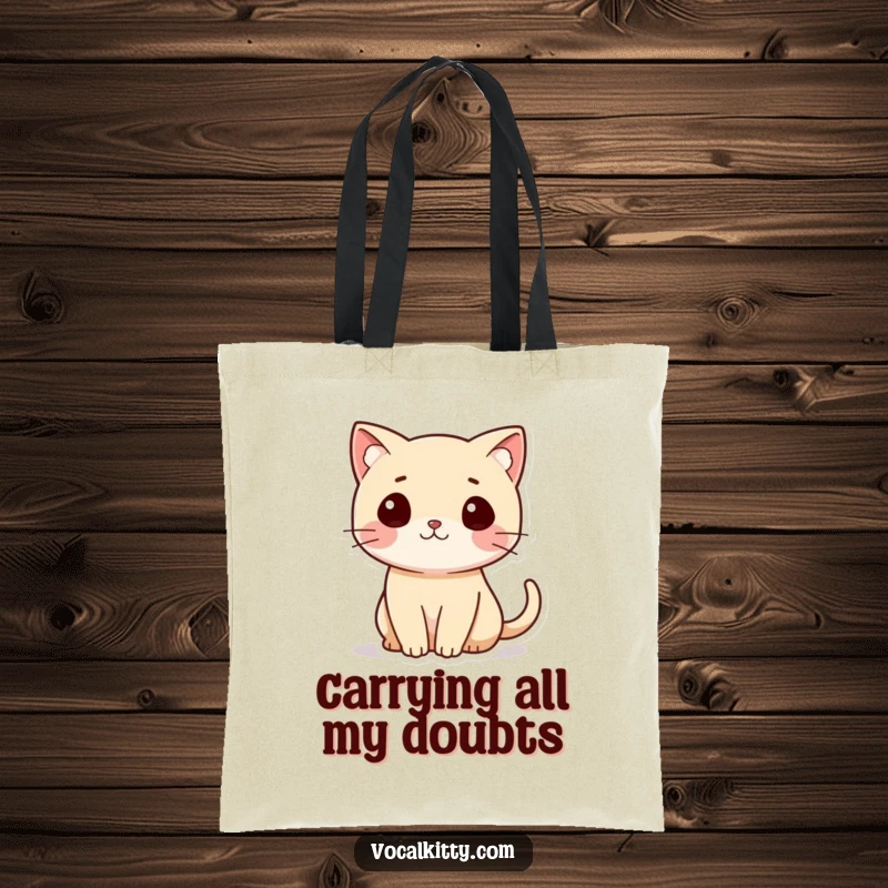 Funny Cat Tote Bag depicting a small cat with its tail curled into a question mark, suggesting inquisitiveness.