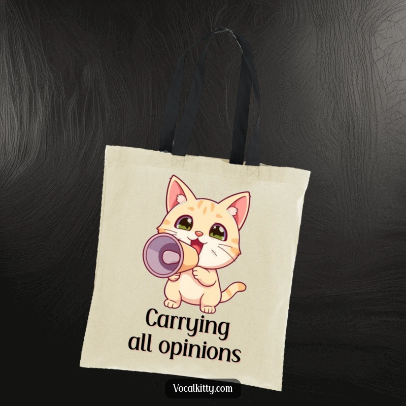 Funny tote bag with a small, spirited cat using a megaphone to broadcast its excitement, making errands and shopping a blast.