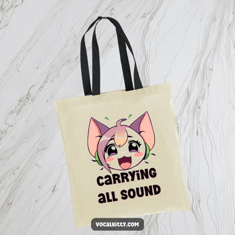 Funny tote bag with a character featuring oversized ears and emitting sound waves from a wide-open mouth. Bold design.