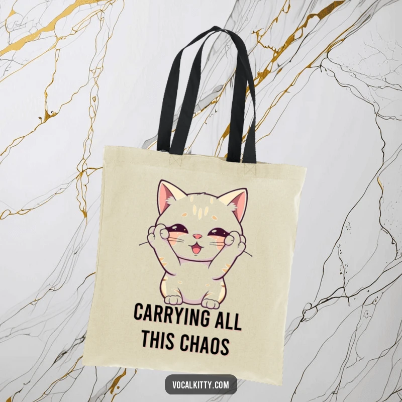 Funny tote bag featuring a cat covering its ears, overwhelmed by its own noise, perfect for carrying items with a humorous, relatable theme.
