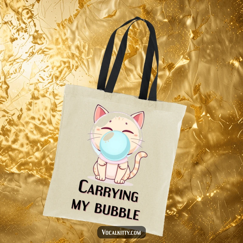 Funny Cat Blowing Giant Bubblegum Bubble About to Pop Tote Bag - Chic & Humorous