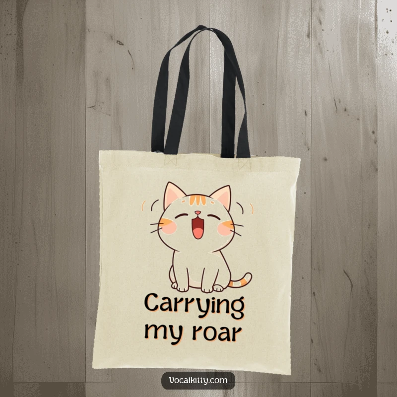 Funny tote bag with a simplified cat character whose mouth is wide open, emitting clear sound waves, showcasing loudness.