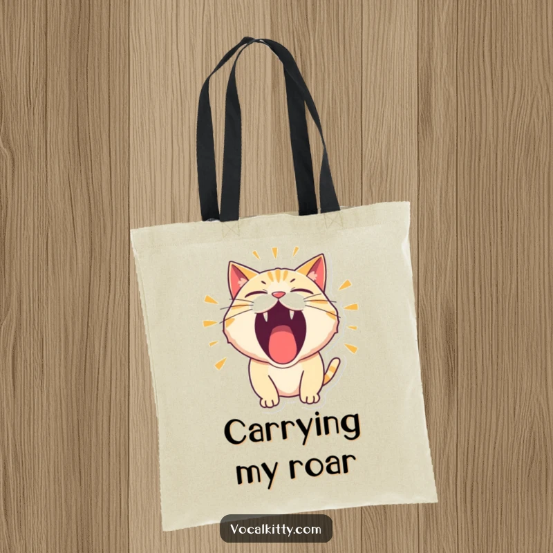 Funny Tote Bag featuring a cat character roaring thunderously with its mouth wide open in a comical display.
