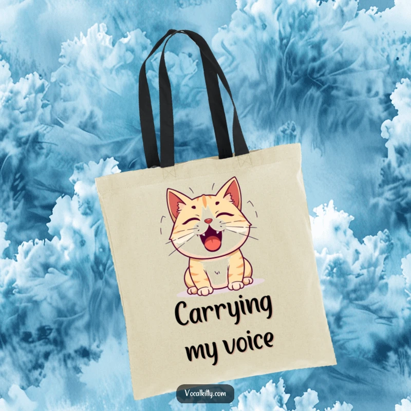 Funny cat tote bag featuring a cat with its mouth open, emitting sound waves, representing a vocal announcement.