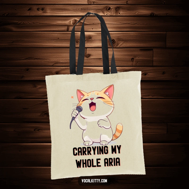Funny tote bag depicting a dramatic cat singing its heart out, paw on its chest, full of emotion.