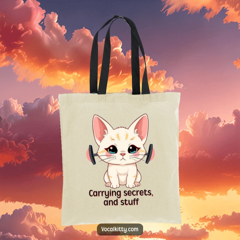 Funny tote bag showcasing a cat with comically large ears, featured in a listening posture, practical and amusing.
