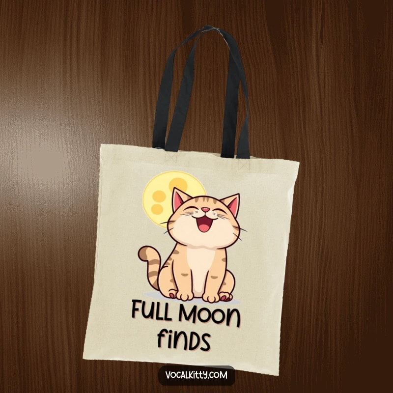 Funny howling cat moon tote bag, showing a happy cat howling at a cartoon moon, ideal for carrying daily essentials.