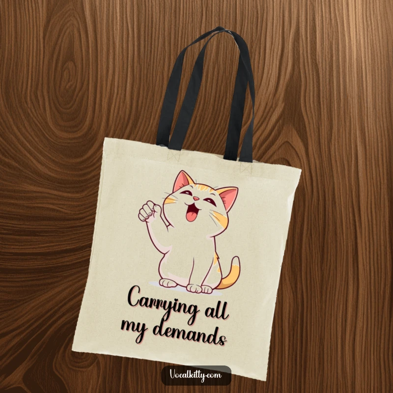 Funny tote bag showing a black cat dramatically pointing a paw to the sky, bellowing out a comedic, loud sound.