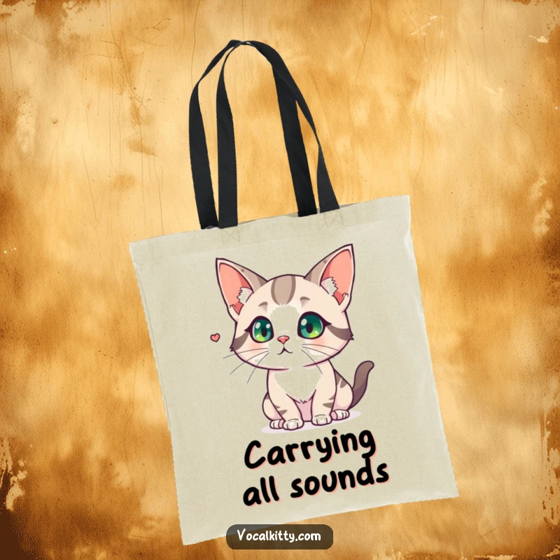 Funny tote bag with a cat sporting comically large, flared ears, showing intense focus on a subtle, distant sound.