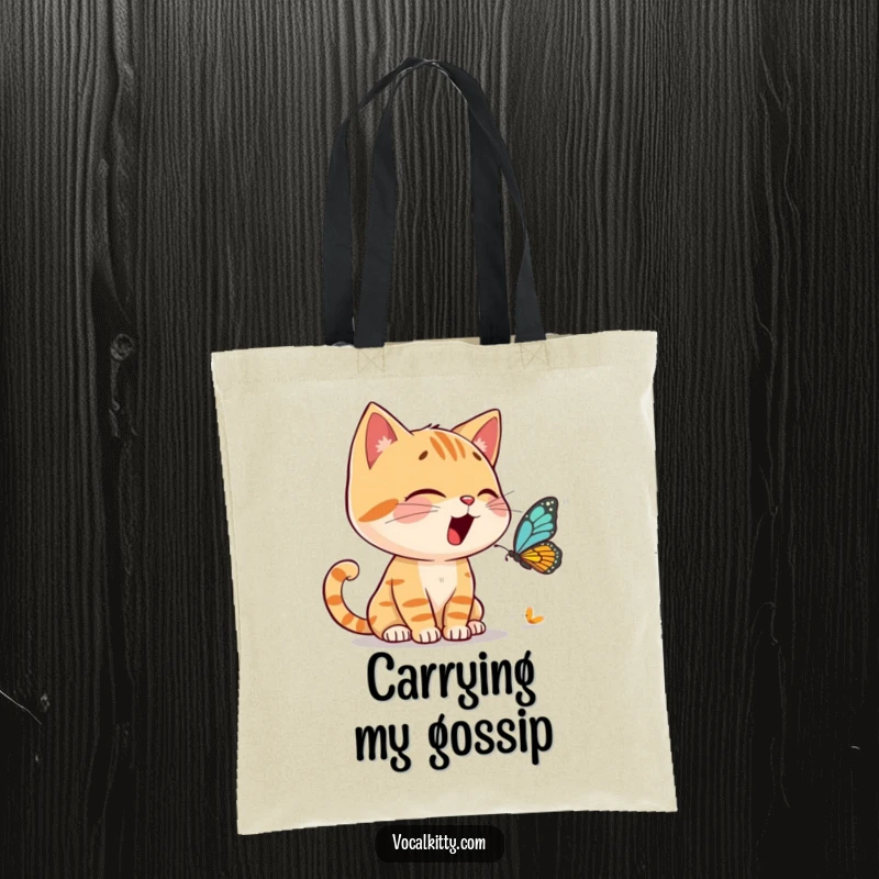 Funny Tote Bag illustrating a cat character animatedly conversing with a tiny butterfly, showcasing lively dialogue.