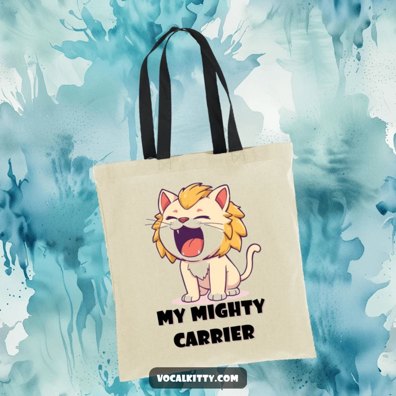 Funny cat roaring like a tiny lion, fierce but cute, tote bag design.