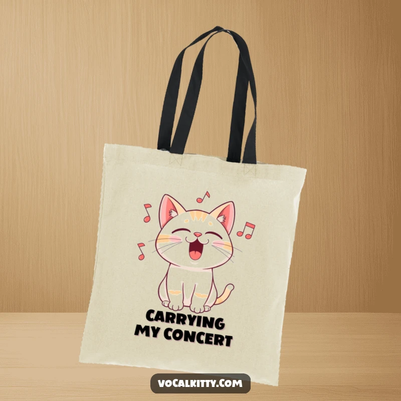 Funny tote bag with a cat singing with its mouth wide open and musical notes flying out, ideal for carrying items with a musical, humorous flair.