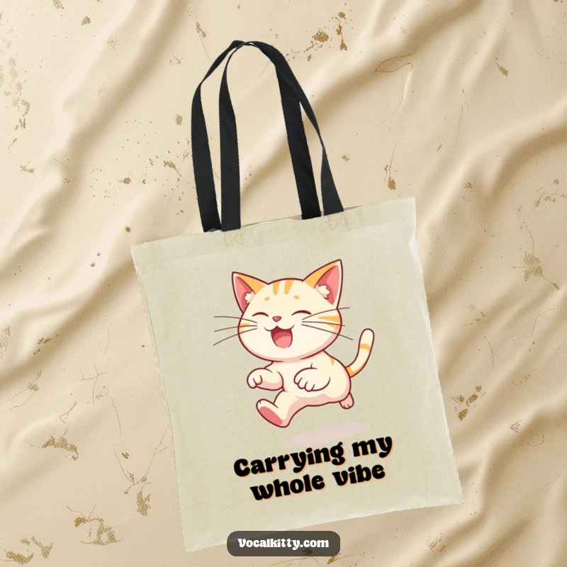 Funny cat tote bag showcasing a cartoon cat leaping dynamically, its exaggeratedly long whiskers creating a humorous, trailing effect for shoppers.