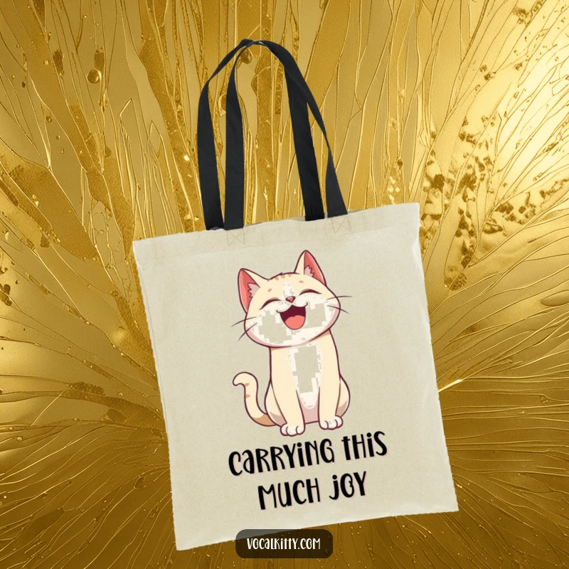Funny tote bag depicting a cartoon cat character humorously throwing its head back, caught in a moment of uncontrollable laughter.