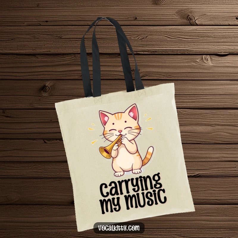 Funny Cat Tote Bag: A durable bag showcasing a cat character playing a small trumpet, with large, eye-catching sound waves indicating a loud performance.