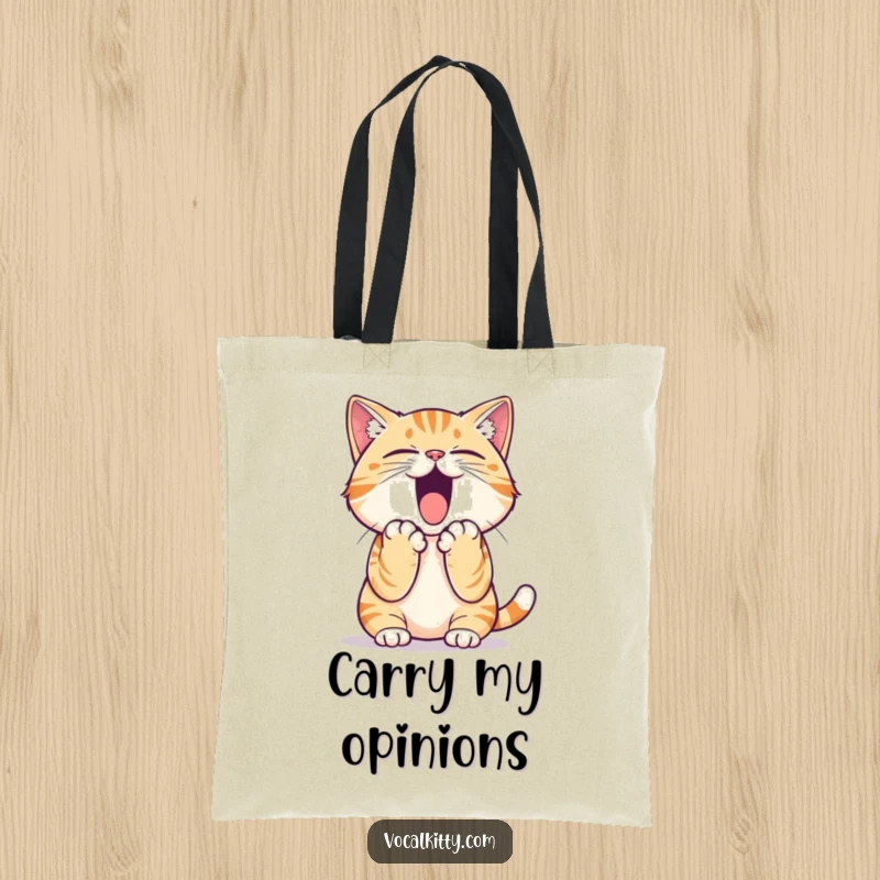 Funny cat tote bag showing a feline practicing its loudest yell, paws forming a megaphone, ready to project its voice.
