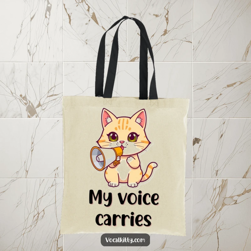 Funny determined cat tote bag, holding a megaphone, looking ready to announce important news.
