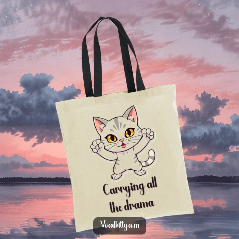 Funny tote bag with a dramatic cat in a loud, attention-grabbing pose, perfect for carrying essentials with flair. A stylish and humorous accessory.