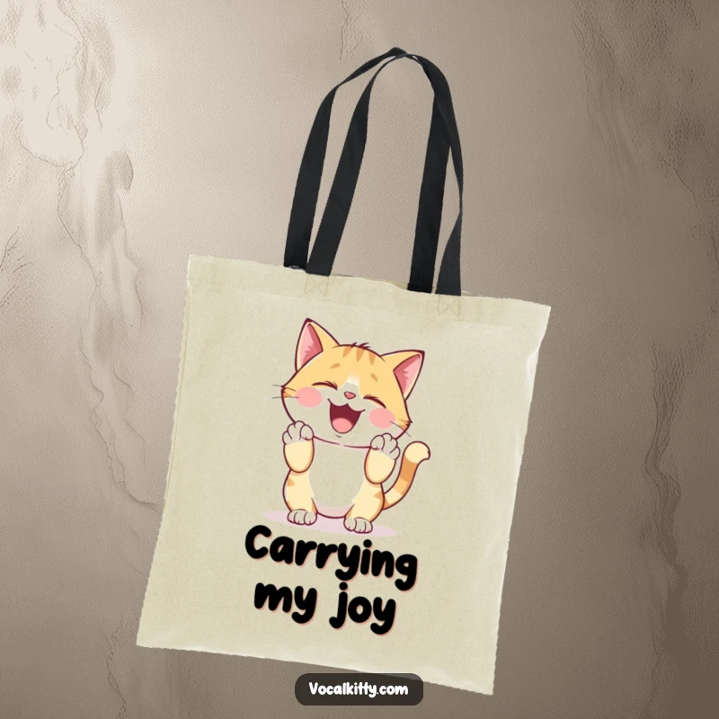 Funny Tote Bag illustrating a cat character giggling heartily, clutching its sides with paws, conveying infectious humor.