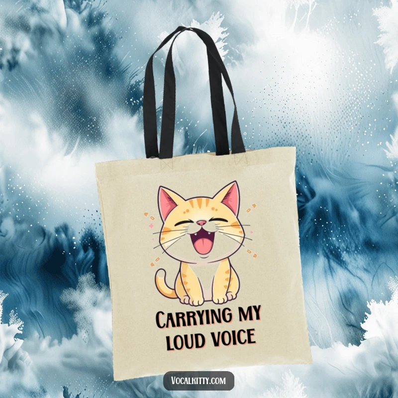 Funny Tote Bag: A cat with its mouth wide open, emitting cartoon sound waves, perfect for carrying essentials with vocal flair.