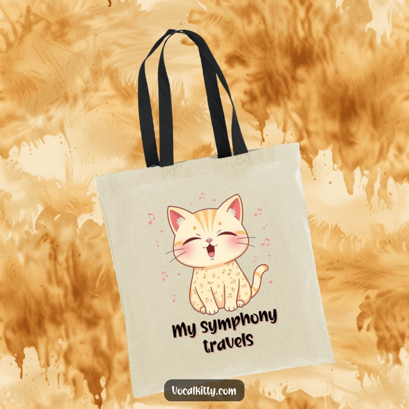 Funny musical cat tote bag, adorned with music notes, eyes closed in serene vocal exertion.