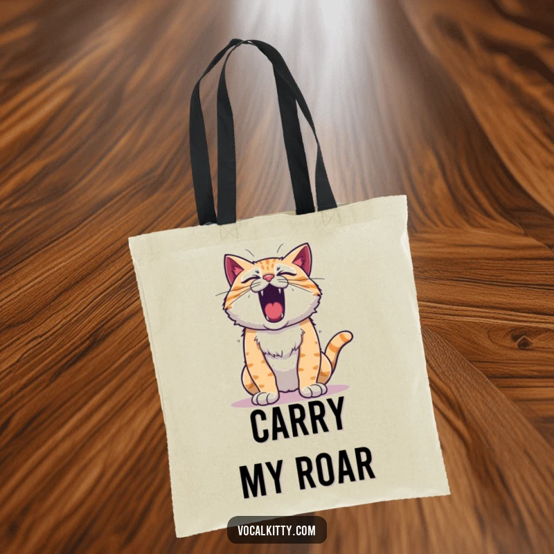 Funny roaring cat tote bag, chest puffed out, ready to let out a mighty, attention-grabbing roar.