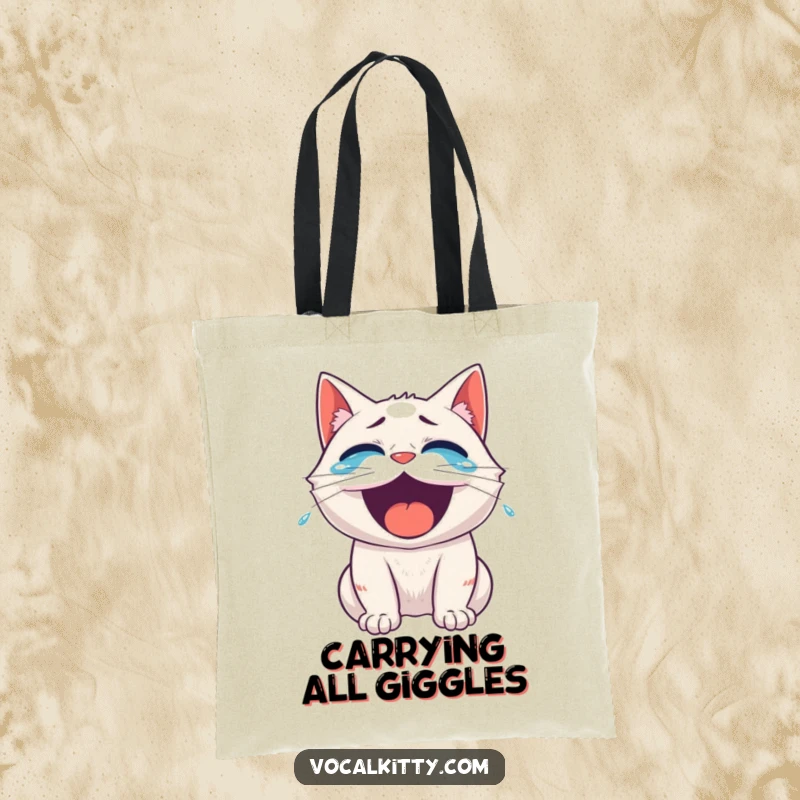 Funny roaring laughter cat tote bag, tears of joy streaming, a perfect accessory for carrying humor.