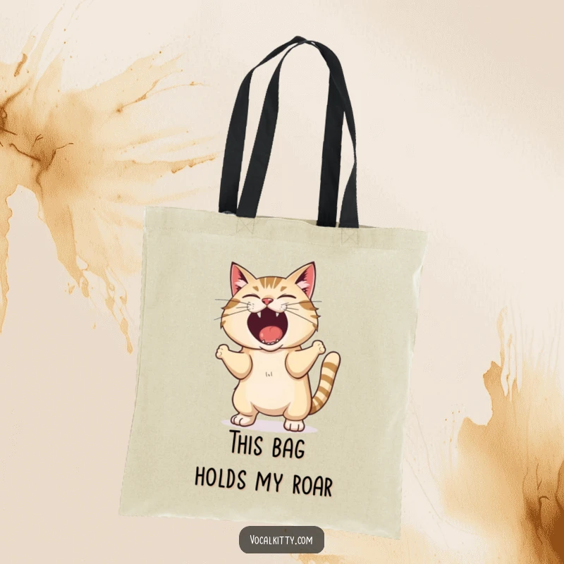 Funny tote bag capturing a shaking cat in the act of an exaggerated, loud shout, practical and humorous.