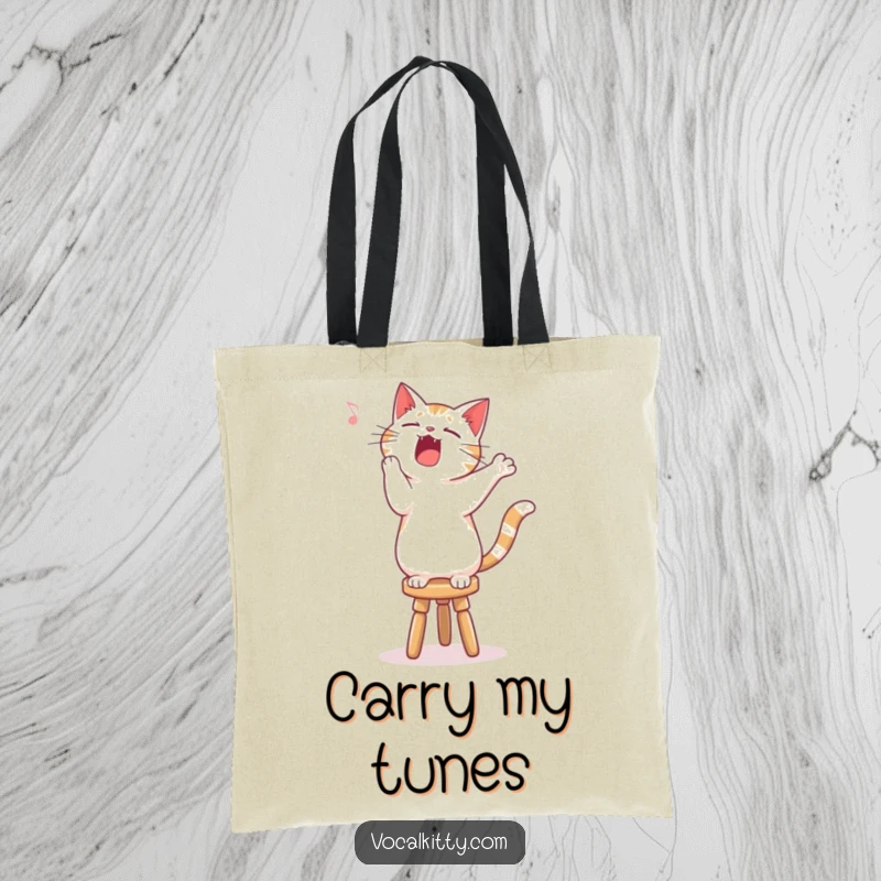 Funny singing cat tote bag, standing on a stool, performing a song with musical passion.