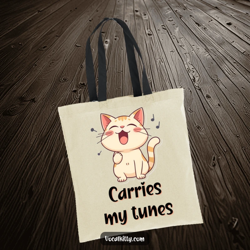 Funny tote bag with a stylized cat singing its heart out, showcasing exaggerated sound waves for humorous effect.