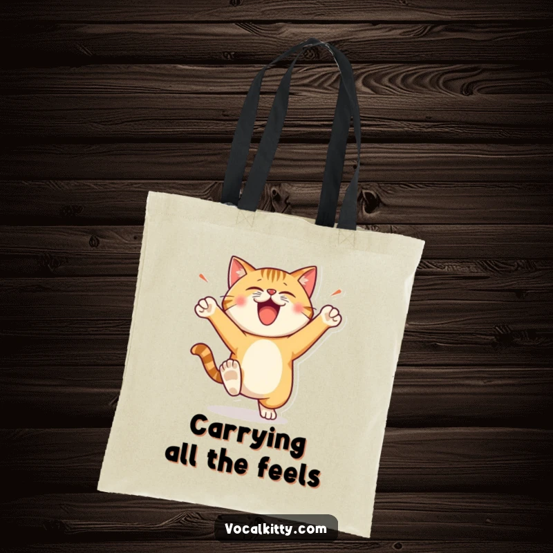 Funny Tote Bag illustrating a cat character stomping its feet with energetic, happy loudness, ready for action.
