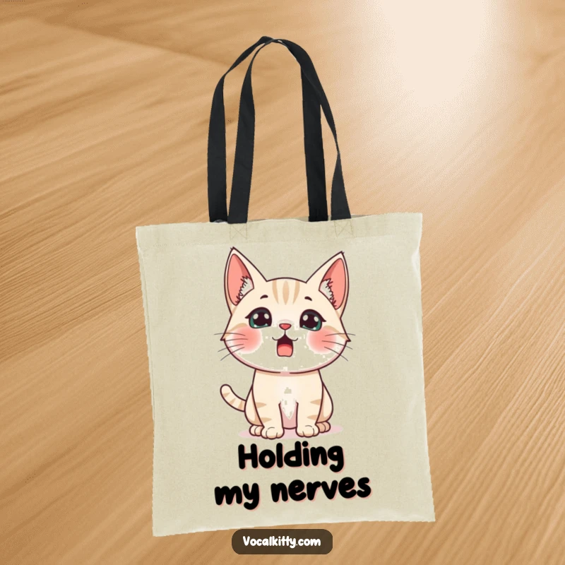 Funny startled cat tote bag, ears perked high, eyes wide, embodying humorous surprise and alertness.