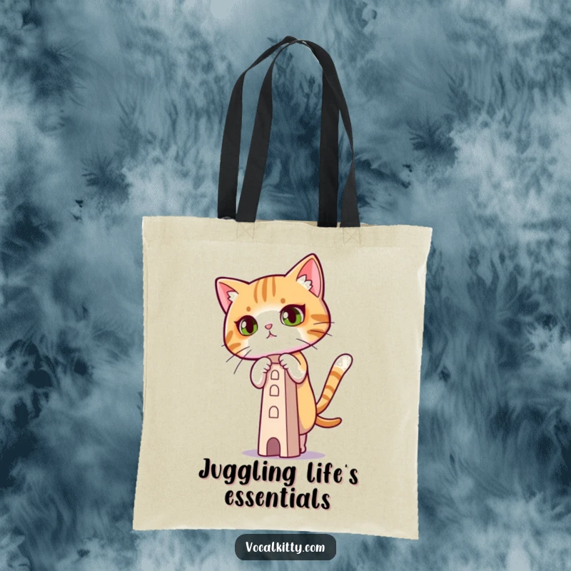 Funny Tote Bag depicting a cat with intense concentration, balancing a small, delicate tower.
