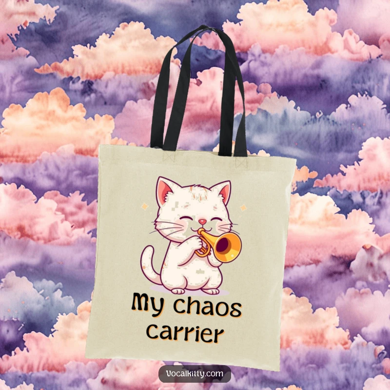 Funny cat playing a loud trumpet, musical notes, stylish tote bag for carrying groceries.