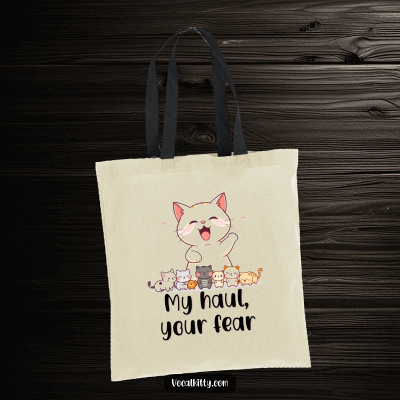 Funny cat tote bag showcasing a cat letting out a loud meow, causing a comical stir among smaller, startled animals.