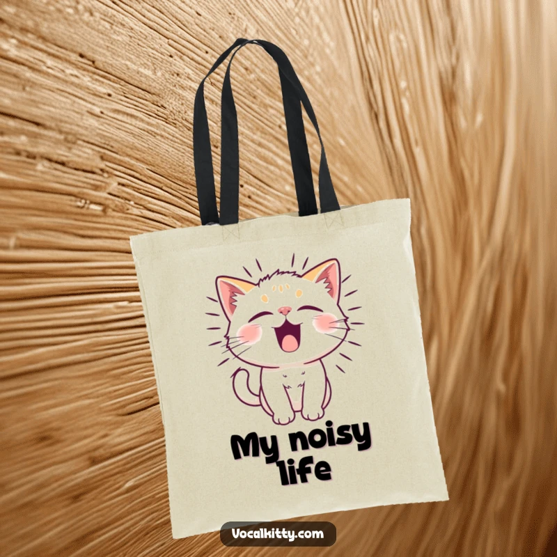 Funny cat character with vibrating fur from a powerful, funny noise, on a tote bag, illustrating sound.